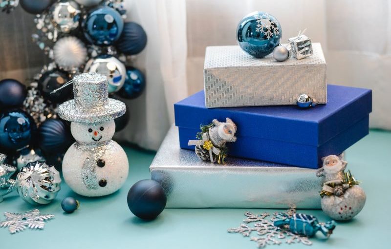blue and white boxes with snowman
